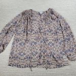 CAbi  Siena Top Womens S/M Pink Blue Floral Lightweight Sheer Oversized Peasant Photo 0
