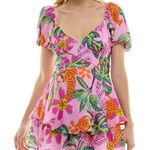 Floral Pink Mini Dress with Ruffle Hem Size M Photo 0