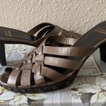 Stuart Weitzman 9 M Bronze Woven Leather Pumps Sandals Studded Heel Slip On Photo 2