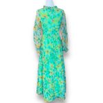 Vintage 70s Green Floral Chiffon Maxi Dress Ruffle Neckline Sheer Sleeves Flowy Photo 4