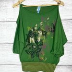 American Vintage Vintage Y2K Green Butterfly Print Gold Chain Cold Shoulder Top Size Small Photo 10