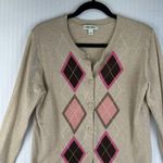 Cherokee Button Up Cardigan Tan Knit Sweater Women Size Large Pink Argyle Print Photo 5