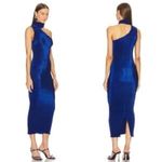 L’IDEE Regal Blue 90s One Shoulder High Neck Satin Plisse Lettuce Hemline Dress Size 10 Photo 16