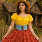 Dress Size ML Square Dance Country Farm Yellow Red Floral Skirt Blue Lace Trim Photo 1