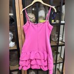 Likely Amica Tiered Ruffle Hem Mini cocktail dress Barbie Pink Sugar square neck Photo 5