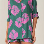 Elan Sand Dollar Teal Pink Button Up Tunic Shirt Womens XS Rayon Roll Tab Sleeve Photo 0
