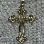 Designer 14K Yellow Gold Round Diamond Solitaire Scroll Detail Cross Pendant Photo 1