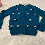 Michael Richards Wo Size Small Vintage Teal Knit Sweater with Floral Embroidery Photo 5
