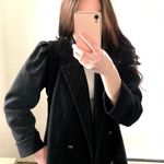 Vintage Black Double Breasted Long Wool Coat Pleated Puff Shoulder sz 8 Petite Photo 2