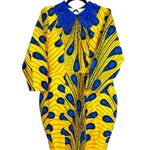 Vibrant African Print Yellow and Blue Long Sleeve Dress with Collared Beading Size M Photo 0