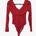 H&M Red Lace Long Sleeve V-neck Bodysuit M Sexy Vegas party top snap closure Photo 1