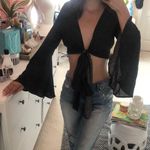 Polka Dot Self Tie Wrap Bell Wide Sleeve Crop Top Black Photo 3