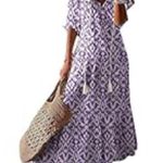 Purple and White V neck Boho Patterned Maxi Dress with tassels Size large NEW Photo 0