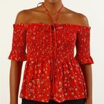 Tobi Red Floral Smocked Tassel Across the Shoulder Blouse, Size Medium Photo 0
