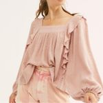 Free People Bonnie Ruffle Long Sleeve Square Neck Blouse Top Pink XS Photo 0