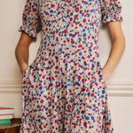 Boden Floral Print Mini Jersey Dress V Neck Short Sleeve Casual Cute US 6P Red Photo 0