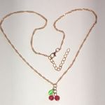 Gold Tone Red and Green Boho Cherry Pendant Necklace Photo 3