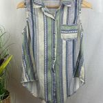 Eden & Olivia  Tan Blue & Green Striped Print Sleeveless Tie Waist Button Top M Photo 0