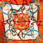 Vintage Equestrian Royal Crown print oversized had rolled silky Scarf 35/35 Orange Photo 14