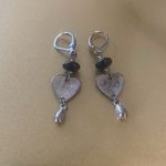 Silver Tone Heart & Black Bead Drop Earrings, Pierced Photo 2