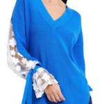 French Connection NWT Caballo Floral-Lace Sleeve Sweater Blue / White Photo 1