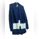 Loft Blue White Striped W/ Fringe Accent Knit Open Cardigan Sweater Size Medium Photo 2