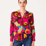 Karlie NWT Pink Floral Polka Dot Button Up Blouse M Bold Retro Print Top Photo 0