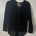 Democracy Black Crushed Velvet Button Front Long Sleeve Blouse Photo 0