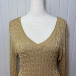 Ralph Lauren Lauren  Gold Metallic Silk Blend V-Neck Cable-knit Sweater Size L Photo 5
