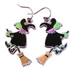 Halloween Earrings Wicked Green Witch on a Broom Fishhook Dangle Enamelware NEW Photo 0