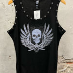 Bus Stop Los Angeles Black Rhinestone Grunge Studded Skull Print Tank Top 2X 2XL Photo 0
