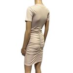 Beyove Ruched Bodycon Ribbed V Neck Button Front Short Sleeve Mini Dress Small Tan Photo 3