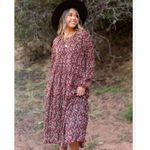 Hayden Los Angeles Textured Maroon Floral Tiered Midi Dress Pockets Women's 1XL Photo 1