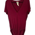 Free People Maroon V-Neck Short Sleeve Snap Closure Bodysuit Women Sz L Photo 0