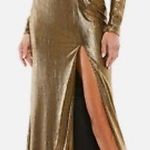 Mac Duggal IEENA  size 12 Gold Metallic Long Sleeve Asymmetrical Gown J1206 Photo 0