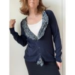 Anthropologie Womens Cardigans Size Large Monogram HWR Navy Nautical Ruffle Photo 2