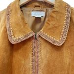 Christopher & Banks  Cognac Suede Leather Jacket Size XL Zip Front Crochet Trim Photo 4