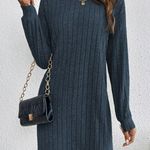 Navy Blue Striped Turtleneck Knit Dress Photo 0