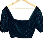 Cider Puff Sleeve Smocked Crop Top Womens L Green Rhinestone Velvet Coquette Y2K Photo 0