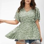 Bloomchic  Floral Flutter Sleeve Elastic Waist Blouse V Neck Green 28 Photo 0