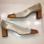 Stuart Weitzman  Women’s Color Block Orange Satin Beige Square Toe Block Heels Photo 4