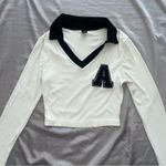 SheIn School Girl Ribbed‎ Long Sleeve Collared Crop Top Black and White Photo 3