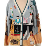 Vintage Noahs Ark Cardigan Sweater Linen Cotton Colorful Animal Print 90s Small Blue Photo 0