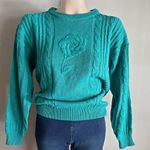 Vintage Rainbow Ridge Teal Rose Sweater 80s Cable Knit Embroidered Floral Sz S Blue Photo 0