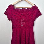 MISSMAY | Dark Red Floral Lace Boatneck Swing Dress box Pleated Stretch | Size L Size L Photo 3