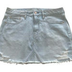 American Eagle Outfitters Denim Mini Skirt Light Blue Distressed Raw Hem Size 6 Photo 0