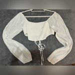 12th Tribe  White Balloon Sleeve Crop Top Blouse with Tie size medium NWOT Photo 2