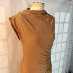 Dress Forum  Tan Metallic Glitter High Neck Ruched Slit Bodycon Midi Dress Small Photo 4