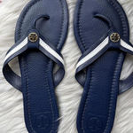 Tory Burch Navy Blue Leather Sandals with White Straps Photo 0