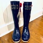 JOULES EVEDON Tall Navy Blue Rain Boots w Red Bow & Toile Lining Size 9 LIKE NEW Photo 2